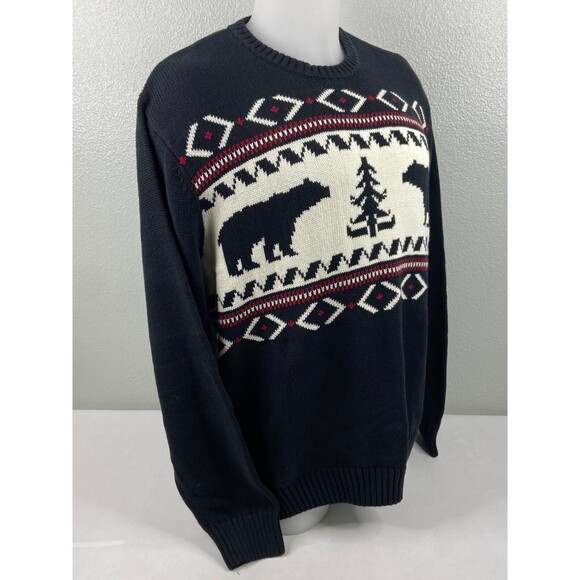CHAPS RL Fair Isle Black Bear Sweater Mens XL 100% Cotton Knit Crewneck Pullover - Picture 3 of 9